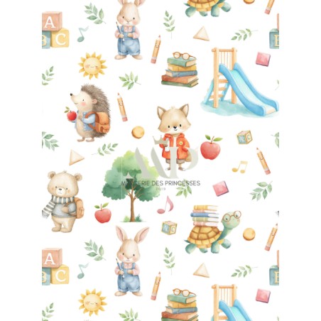 Tissu Les Petits Écoliers – Motif animaux de la forêt à l'école – Certifié Oeko-Tex®