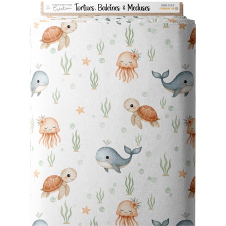 Tissu Tortue, Baleine et Méduse – Motif animaux marins – Certifié Oeko-Tex®
