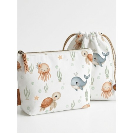 Tissu Tortue, Baleine et Méduse – Motif animaux marins – Certifié Oeko-Tex®