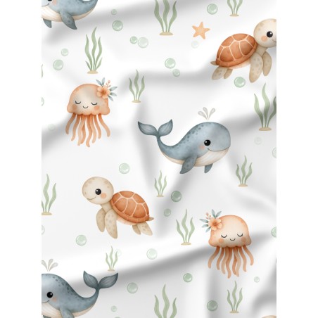 Tissu Tortue, Baleine et Méduse – Motif animaux marins – Certifié Oeko-Tex®