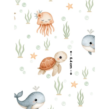Tissu Tortue, Baleine et Méduse – Motif animaux marins – Certifié Oeko-Tex®
