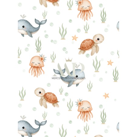 Tissu Tortue, Baleine et Méduse – Motif animaux marins – Certifié Oeko-Tex®
