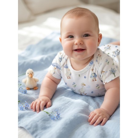 Tissu Oies & Myosotis – Motif canard et fleurs – Certifié Oeko-Tex®