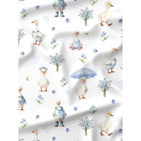 Tissu Oies & Myosotis – Motif canard et fleurs – Certifié Oeko-Tex®