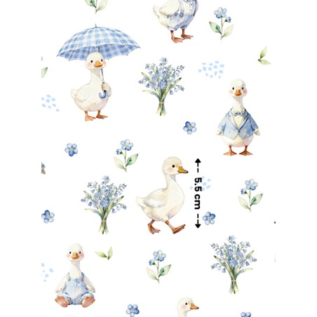 Tissu Oies & Myosotis – Motif canard et fleurs – Certifié Oeko-Tex®