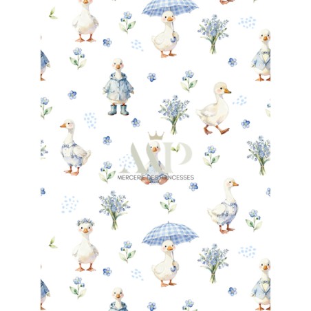 Tissu Oies & Myosotis – Motif canard et fleurs – Certifié Oeko-Tex®