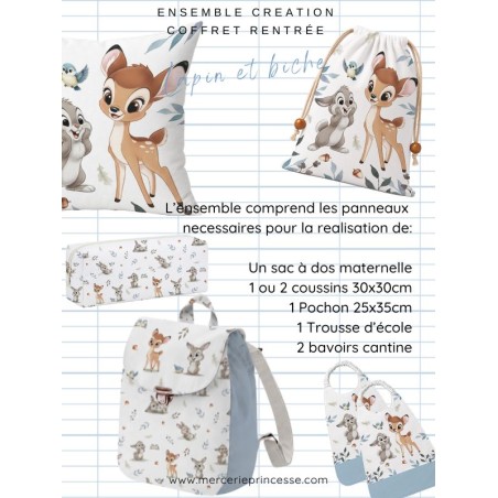 Ensemble Lapin et Biche pour rentrée scolaire: sac à dos, pochons, coussins, bavoirs, trousse - coton Oeko-Tex®