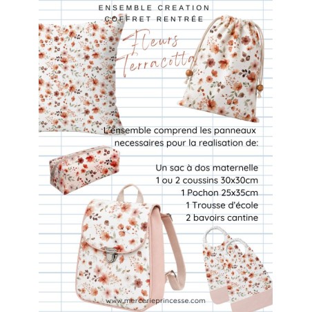 Ensemble Fleurs Terracotta pour rentrée scolaire: sac à dos, pochons, coussins, bavoirs, trousse - coton Oeko-Tex®