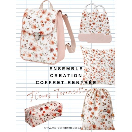 Ensemble Fleurs Terracotta pour rentrée scolaire: sac à dos, pochons, coussins, bavoirs, trousse - coton Oeko-Tex®