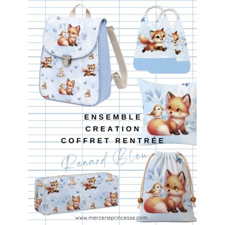 Ensemble Renard Bleu pour rentrée scolaire: sac à dos, pochons, coussins, bavoirs, trousse - coton Oeko-Tex®