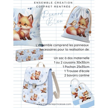 Ensemble Renard Bleu pour rentrée scolaire: sac à dos, pochons, coussins, bavoirs, trousse - coton Oeko-Tex®