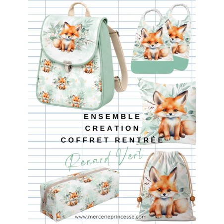 Ensemble Renard  pour rentrée scolaire: sac à dos, pochons, coussins, bavoirs, trousse - coton Oeko-Tex®