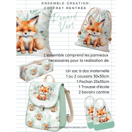 Ensemble Renard  pour rentrée scolaire: sac à dos, pochons, coussins, bavoirs, trousse - coton Oeko-Tex®