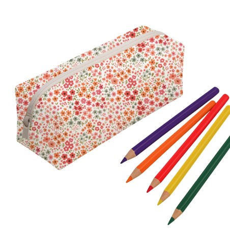 Panneau pour trousse petites fleurs corail rentrée scolaire - coton Oeko-Tex®