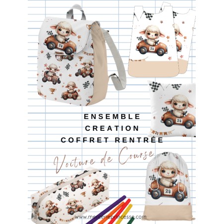 Ensemble Voiture De Course Mouton pour rentrée scolaire: sac à dos, pochons, coussins, bavoirs, trousse - coton Oeko-Tex®