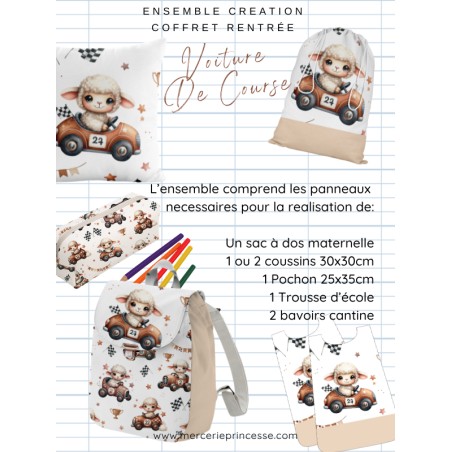 Ensemble Voiture De Course Mouton pour rentrée scolaire: sac à dos, pochons, coussins, bavoirs, trousse - coton Oeko-Tex®