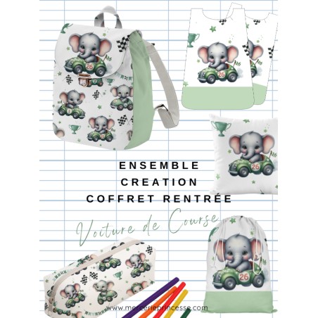Ensemble Voiture De Course Elephant pour rentrée scolaire: sac à dos, pochons, coussins, bavoirs, trousse - coton Oeko-Tex®