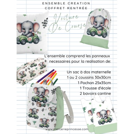 Ensemble Voiture De Course Elephant pour rentrée scolaire: sac à dos, pochons, coussins, bavoirs, trousse - coton Oeko-Tex®