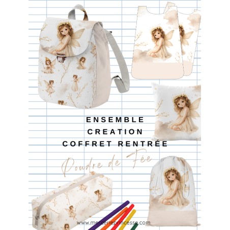 Ensemble Poudre De Fée pour rentrée scolaire: sac à dos, pochons, coussins, bavoirs, trousse - coton Oeko-Tex®