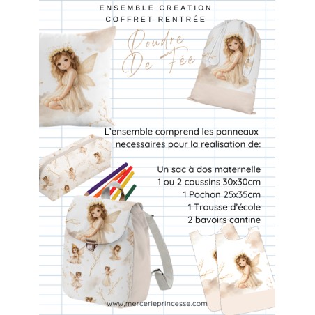 Ensemble Poudre De Fée pour rentrée scolaire: sac à dos, pochons, coussins, bavoirs, trousse - coton Oeko-Tex®