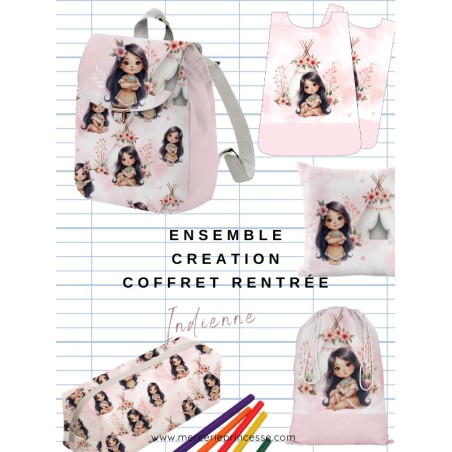 Ensemble Indienne pour rentrée scolaire: sac à dos, pochons, coussins, bavoirs, trousse - coton Oeko-Tex®