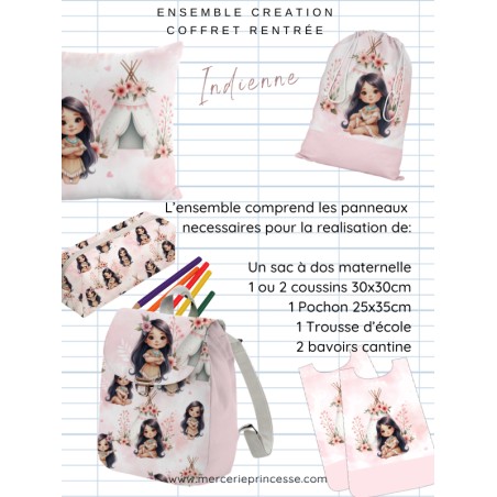 Ensemble Indienne pour rentrée scolaire: sac à dos, pochons, coussins, bavoirs, trousse - coton Oeko-Tex®