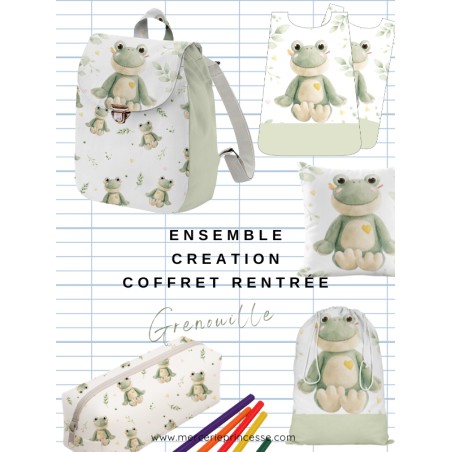 Ensemble Grenouille pour rentrée scolaire: sac à dos, pochons, coussins, bavoirs, trousse - coton Oeko-Tex®