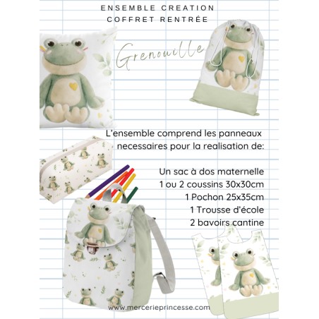 Ensemble Grenouille pour rentrée scolaire: sac à dos, pochons, coussins, bavoirs, trousse - coton Oeko-Tex®