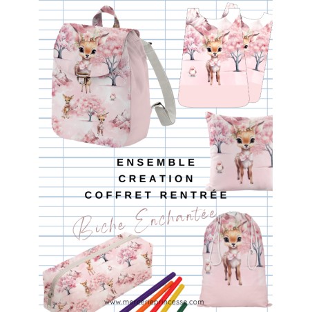 Ensemble Biche Enchantée pour rentrée scolaire: sac à dos, pochons, coussins, bavoirs, trousse - coton Oeko-Tex®