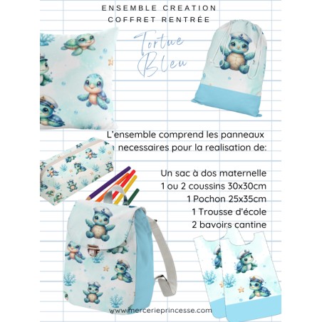 Ensemble Tortue Bleu pour rentrée scolaire: sac à dos, pochons, coussins, bavoirs, trousse - coton Oeko-Tex®