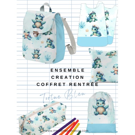 Ensemble Tortue Bleu pour rentrée scolaire: sac à dos, pochons, coussins, bavoirs, trousse - coton Oeko-Tex®