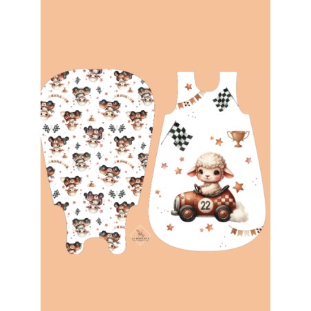 Coupon gigoteuse Voiture De Course Mouton – tissu coton Oeko-Tex – kit couture facile, cadeau naissance, couture DIY