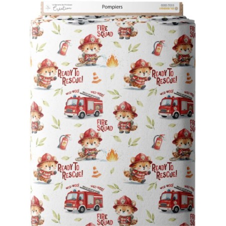 Tissu “Pompiers” – motif enfant pompier aquarelle – Certifié Oeko-Tex®