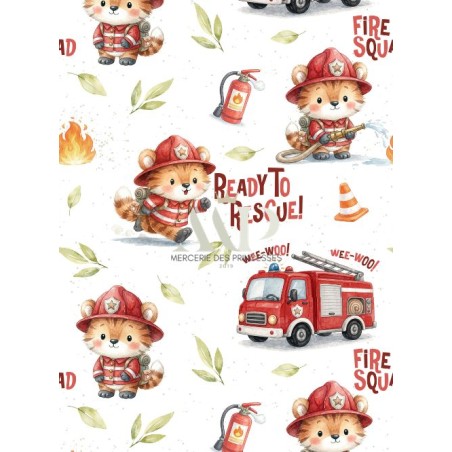 Tissu “Pompiers” – motif enfant pompier aquarelle – Certifié Oeko-Tex®